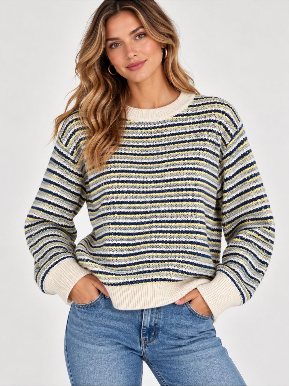 b.young Striped Crewneck Sweater in Blue & Yellow XL NWT